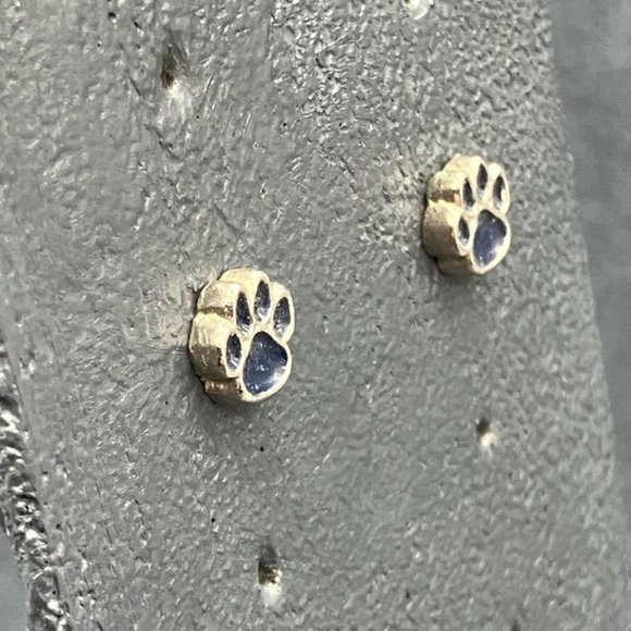 Mini Paw Print Earrings Stud Pierced Silver Dark Blue Enamel Pet Dog Mascot Vet - Picture 2 of 4